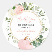 ピンクの緑のカボチャエレガントの秋の赤ちゃんシャワー ラウンドシール (正面)