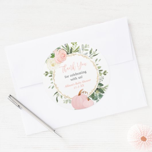 ピンクの緑のカボチャエレガントの秋の赤ちゃんシャワー ラウンドシール (封筒)