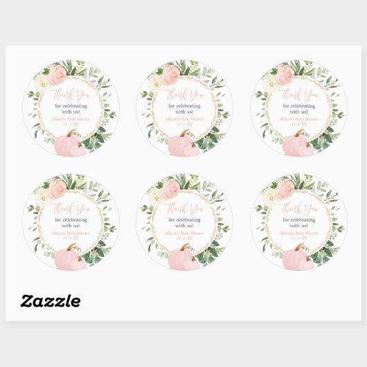 ピンクの緑のカボチャエレガントの秋の赤ちゃんシャワー ラウンドシール (シート)