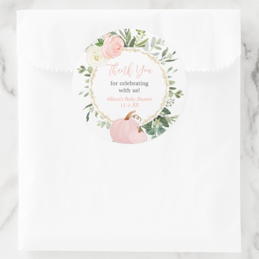 ピンクの緑のカボチャエレガントの秋の赤ちゃんシャワー ラウンドシール (バッグ)