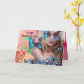 ピンクの緑のキラキラした青い蝶金ゴールド カード (黄色い花)