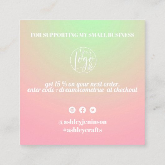 ピンクの緑のグラデーションのレトロなスクリプトの順感謝してい序 スクエア名刺 (裏面)