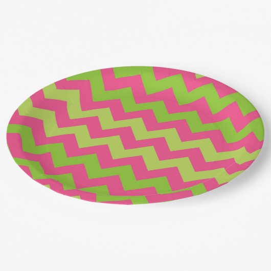 ピンクの緑のシェブロンパターン紙プレート ペーパープレート (アングル)