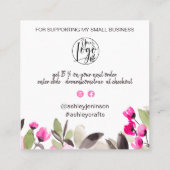 ピンクの緑のシックなフローラの水の色の感謝してい順序あなた スクエア名刺 (裏面)