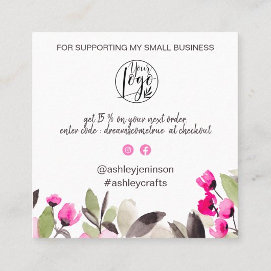 ピンクの緑のシックなフローラの水の色の感謝してい順序あなた スクエア名刺 (裏面)