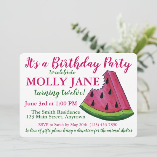 ピンクの緑のスイカ切り誕生日パーティーシャワー 招待状 (スタンド正面)