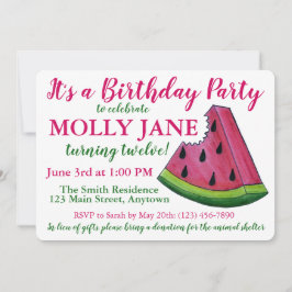 ピンクの緑のスイカ切り誕生日パーティーシャワー 招待状