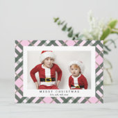 ピンクの緑のタータンチェックの格子模様のクリスマスフォトカード シーズンカード (スタンド正面)
