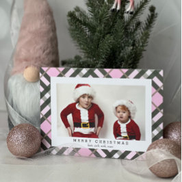 ピンクの緑のタータンチェックの格子模様のクリスマスフォトカード シーズンカード