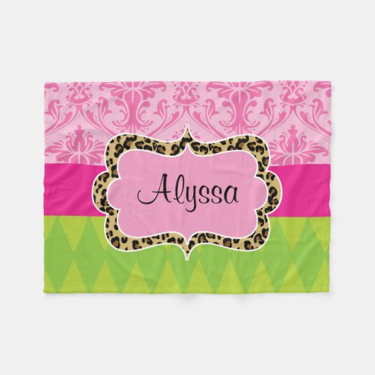 ピンクの緑のダマスク織のヒョウのブランケット フリースブランケット (正面(横))