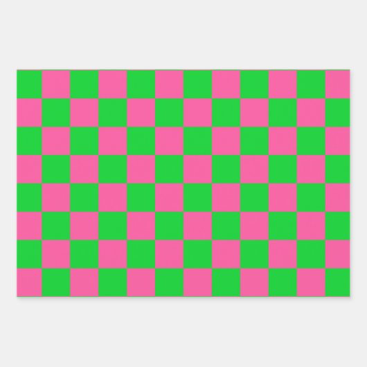 ピンクの緑のチェッ市松模様にクパターン ラッピングペーパーシート (正面)