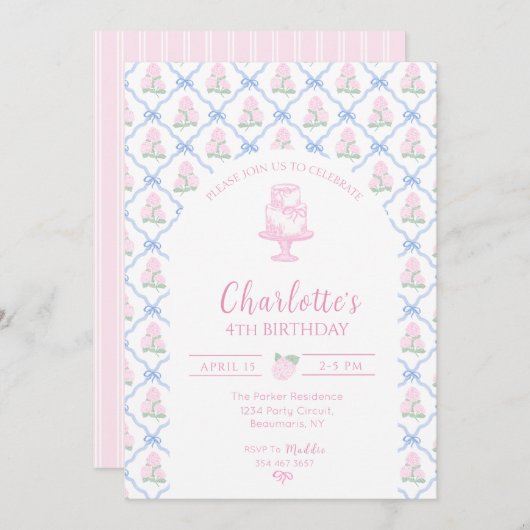 ピンクの緑のハイドランジアの青いリボン付きトレリス 招待状 (正面/裏面)