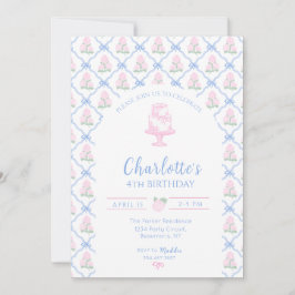 ピンクの緑のハイドランジアの青いリボン付きトレリス 招待状