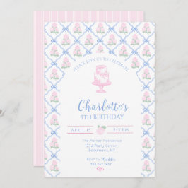 ピンクの緑のハイドランジアの青いリボン付きトレリス 招待状