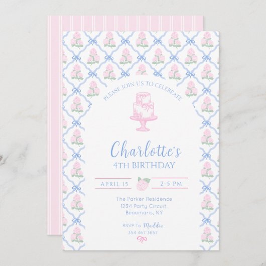 ピンクの緑のハイドランジアの青いリボン付きトレリス 招待状 (正面/裏面)