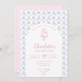 ピンクの緑のハイドランジア 青いリボン トレリス 招待状