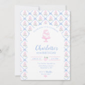 ピンクの緑のハイドランジア 青いリボン トレリス 招待状 (正面)