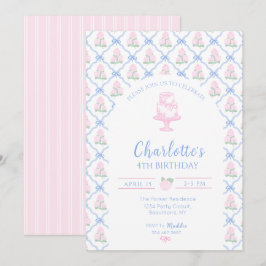 ピンクの緑のハイドランジア 青いリボン トレリス 招待状