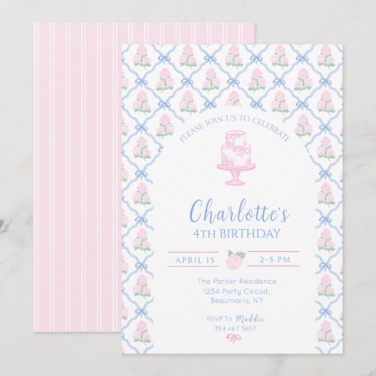 ピンクの緑のハイドランジア 青いリボン トレリス 招待状 (正面/裏面)