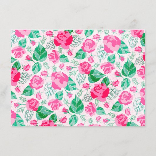 ピンクの緑のバラ花ガーデン花嫁付きカード メニュー (裏面)