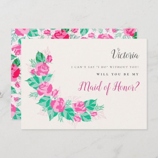 ピンクの緑のバラ花ガーデン花嫁付きカード メニュー (正面/裏面)