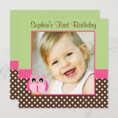 ピンクの緑のフクロウの水玉模様の第1誕生日の女の子の写真 招待状 (正面/裏面)