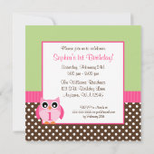 ピンクの緑のフクロウの水玉模様の第1誕生日の女の子の写真 招待状 (裏面)