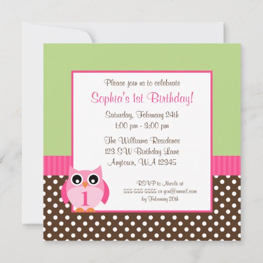 ピンクの緑のフクロウの水玉模様の第1誕生日の女の子の写真 招待状 (裏面)