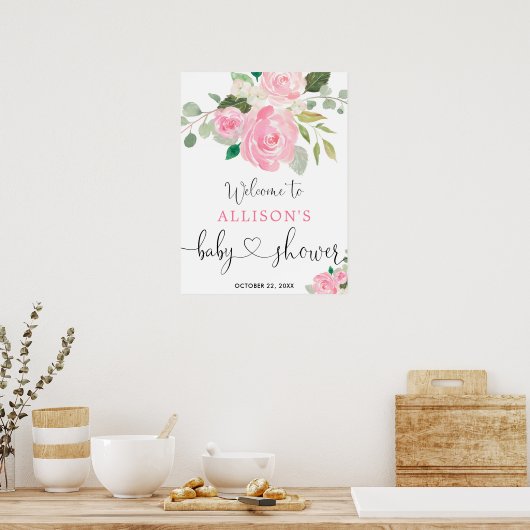 ピンクの緑のフローラの女の子の赤ちゃんシャワー歓迎サイン ポスター (キッチン)