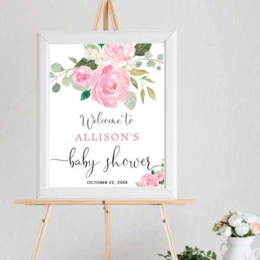 ピンクの緑のフローラの女の子の赤ちゃんシャワー歓迎サイン ポスター