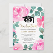 ピンクの緑のフローラの水色の写真卒業 招待状 (正面)