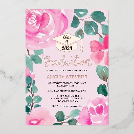 ピンクの緑のフローラの水色の写真卒業 箔招待状 (正面)