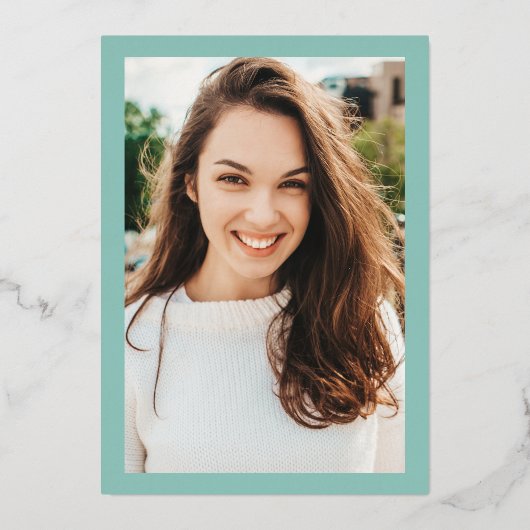 ピンクの緑のフローラの水色の写真卒業 箔招待状 (裏面)