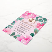 ピンクの緑のフローラの水色の写真卒業 箔招待状 (回転した状態)