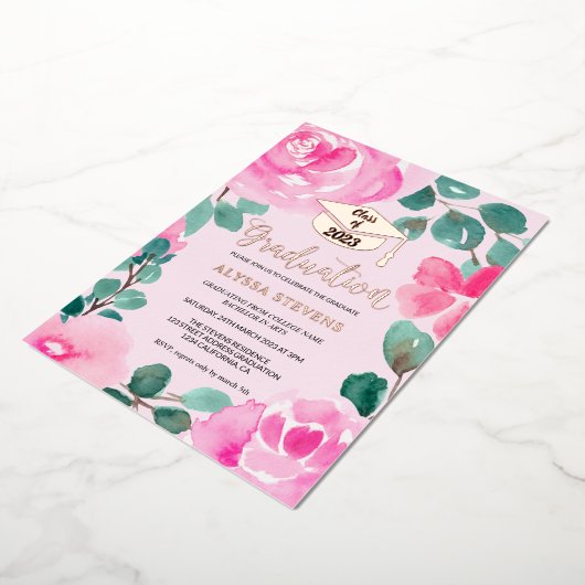 ピンクの緑のフローラの水色の写真卒業 箔招待状 (回転した状態)