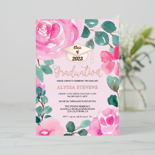 ピンクの緑のフローラの水色の写真卒業 箔招待状 (立ち正面)