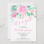 ピンクの緑のフローラバラ水の色の女の子の赤ちゃんシャワー 招待状 (正面)