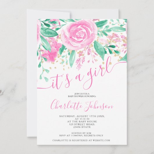 ピンクの緑のフローラバラ水の色の女の子の赤ちゃんシャワー 招待状 (正面)