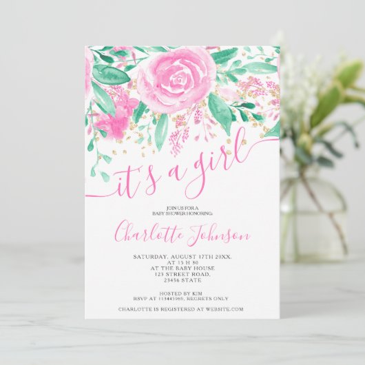 ピンクの緑のフローラバラ水の色の女の子の赤ちゃんシャワー 招待状 (スタンド正面)
