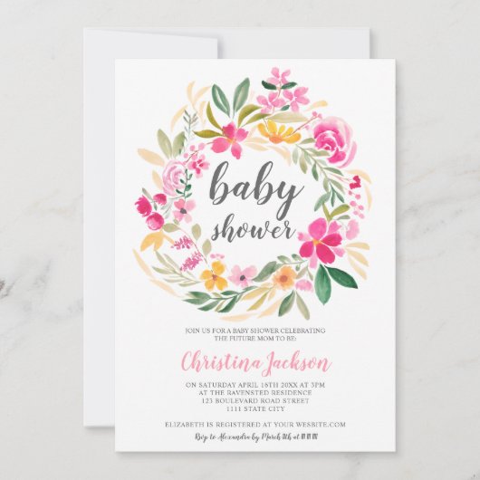 ピンクの緑のフローラリース水の色ベビーシャワー 招待状 (正面)