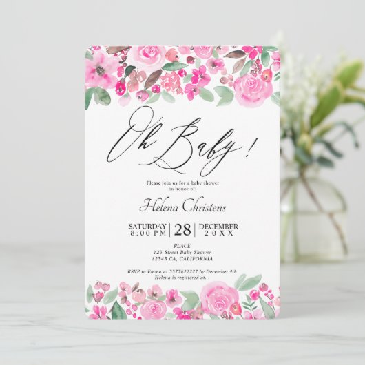 ピンクの緑のフローラ水色のベビーシャワー 招待状 (スタンド正面)