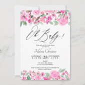 ピンクの緑のフローラ水色のベビーシャワー 招待状 (正面)