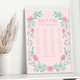 ピンクの緑のフローラ結婚リースの座席表 ポスター