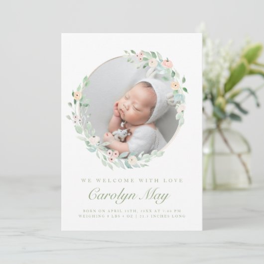 ピンクの緑のベビー写真の誕生発表カード 案内状 (スタンド正面)