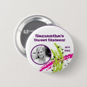 ピンクの緑のペンキのしぶきインク染みの写真ボタン 缶バッジ (正面&裏面)