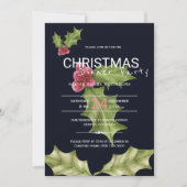 ピンクの緑のホリーベリーのクリスマスディナーパーティー 招待状 (正面)