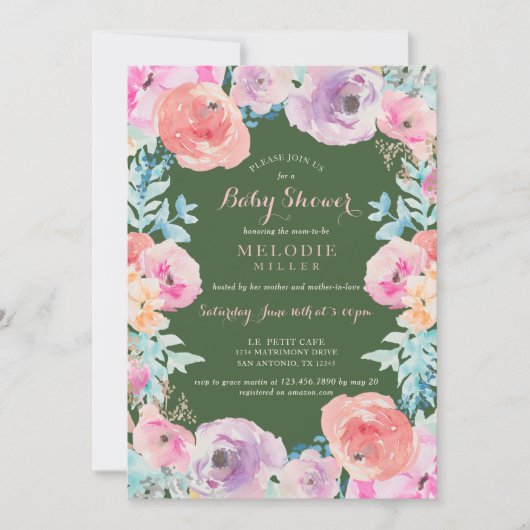 ピンクの緑のヴィンテージの花のベビーシャワーの招待状 招待状 (正面)