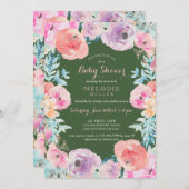 ピンクの緑のヴィンテージの花のベビーシャワーの招待状 招待状 (正面/裏面)