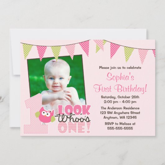 ピンクの緑の女の子のフクロウの第1写真の誕生日の招待状 招待状 (正面)