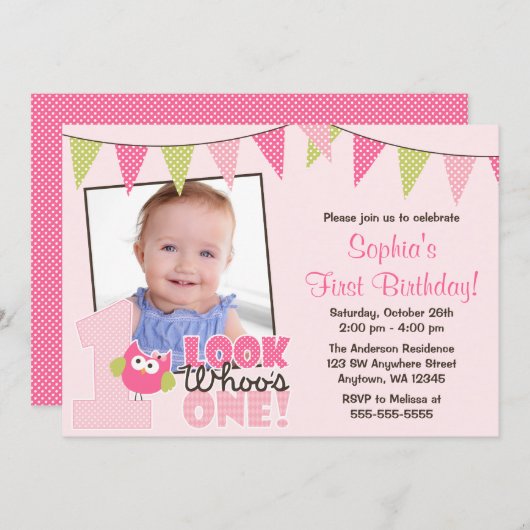 ピンクの緑の女の子のフクロウの第1写真の誕生日の招待状 招待状 (正面/裏面)